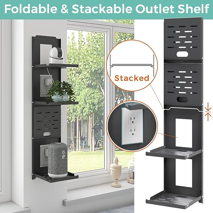 2-Tier Small Router Shelf Wall Mount - 7.5 inch Folding Metal Outlet Shelf w/Cable Holes | Dual-Layer Organize & Connect for WiFi Router and Modem | Folds Up & Stackable (7.5″ Wide)