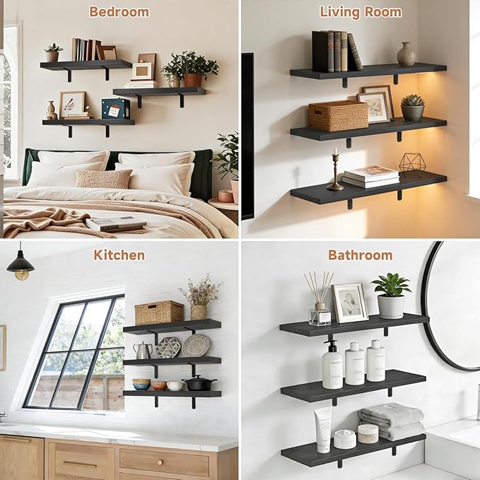 Easy Install Floating Shelves, 15.7 Inch Wall Mounted Wood Shelf,Hanging Shelf for Home Decor, Books and Storage, Small Organizer for Bedroom, Bathroom, Kitchen, Set of 3, Black