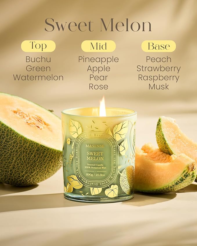 M&SENSE Fresh Melon Scented Candle, Natural Soy Candles Non Toxic Clean Burn, Air Purifying Relaxing Fresh Home Fragrance, 55 Hours Long Burning 10.3oz, Housewarming Gifts for Women