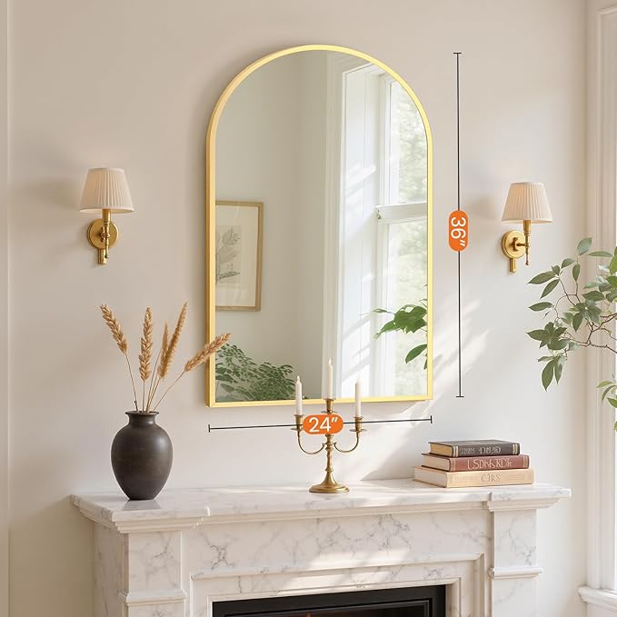 NEWBULIG 24X36 Inch Arched Bathroom Mirror for Wall, Vanity Bathroom Mirrors for Over Sink Tempered Glass, Anti-Rust Arched Metal Framed, Hangs Horizontally or Vertically, Farmhouse Home Decor, Gold