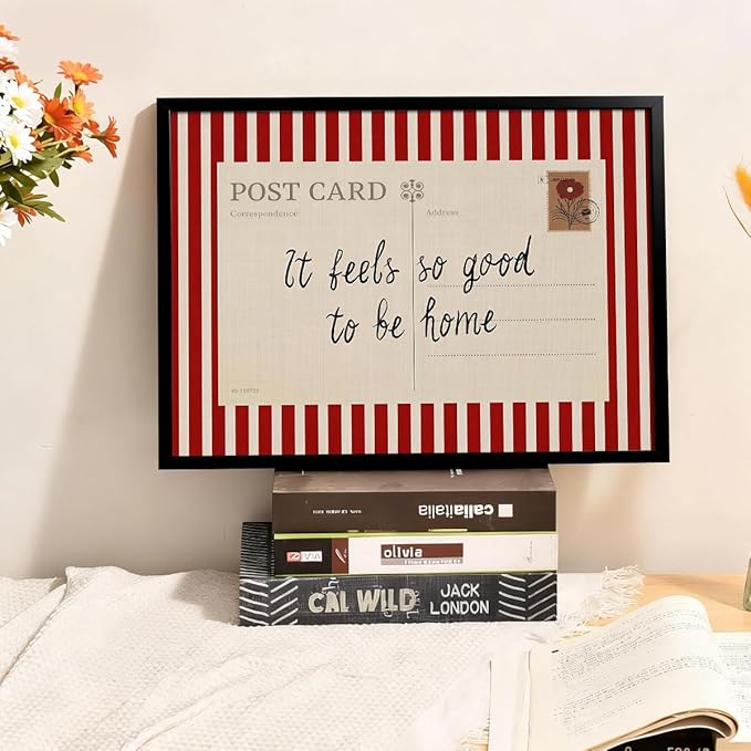 Red Vintage Postcard Poster It Feels So Good To Be Home Quote Wall Art Mid Century Modern Striped Canvas Prints for Living Room Bedroom Wall Decor 16X20 inch Aluminum Framed
