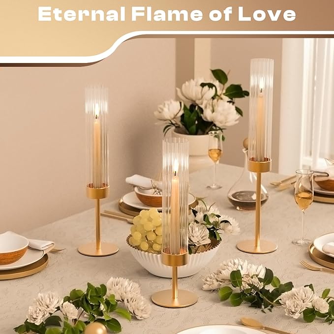 Gold Hurricane Candle Holders: Fluted Candlestick Holders for Wedding Tall Brass Taper Candle Holder Modern Candle Sticks Holder Decor for Table Centerpiece Party Birthday Christmas Set of 6