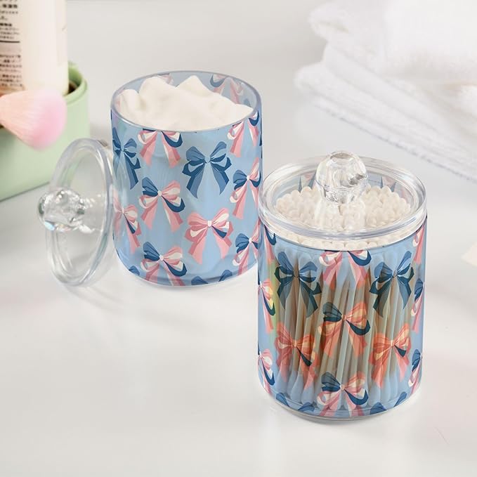 2 Pack Qtip Holder Dispenser for Cotton Ball Pink Bow Blue Pattern Swab Round Pads Clear Plastic Acrylic Jar Set Bathroom Canister