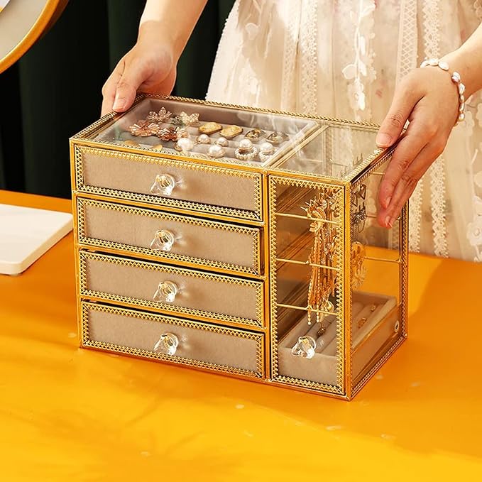 Jewelry storage box Makeup Organizers Glass Jewelry Box European Storage Case for Necklace Earring Ring Craft Containers Best Gifts for Women Jewelry Case ()