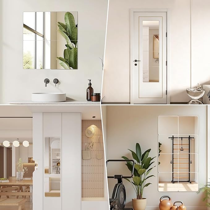 Glass Full Length Wall Mirror Tiles,14x12 inch-4PCS Frameless Body Tiles for Bedroom,Home Gym,Door