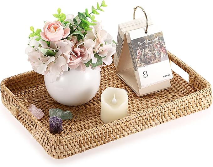 Hipiwe Handwoven Rattan Serving Tray Rectangular Wicker Tray with Handles Natural Decorative Trays for Storage Breakfast, Dessert, Fruit for Coffee Table, 13.4" L x 9.5" W