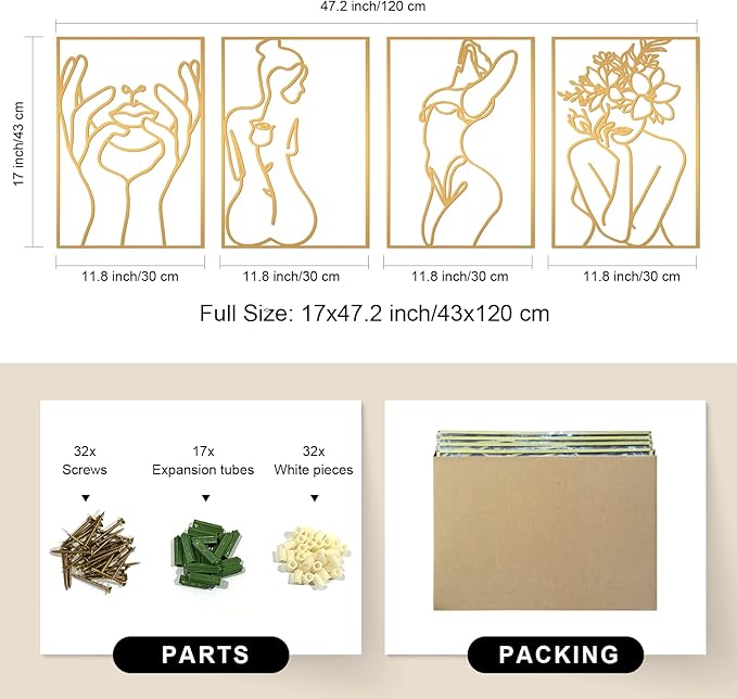 Glamativity 4 Pack Gold Wall Art Decor, Minimalist Single Line Real Metal Wall Art, Woman's Body Shape Abstract Wall Art (Gold Classic Style, 17 x 11.8'')