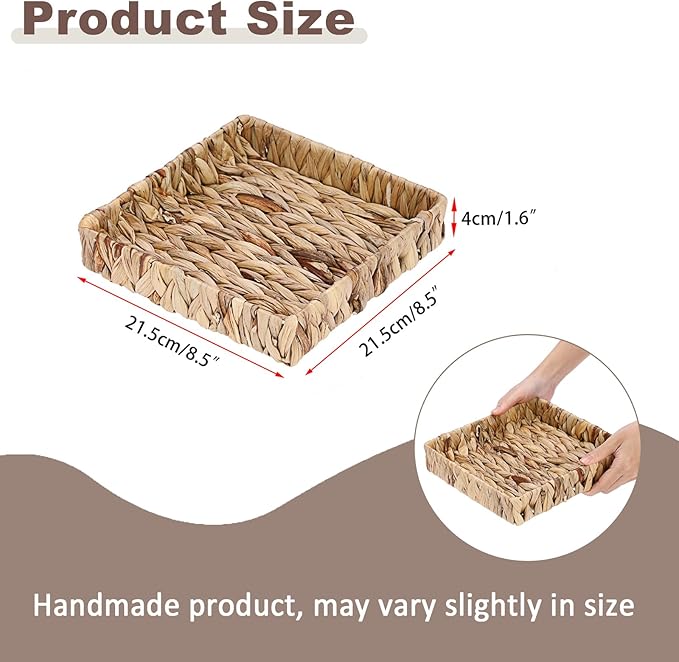 Natural Water Hyacinth Tray Handwoven Wicker Basket Tray for Decoration Square Serving Tray for Coffee Table Living Room Kitchen, 8.5" x 8.5" x 1.6"