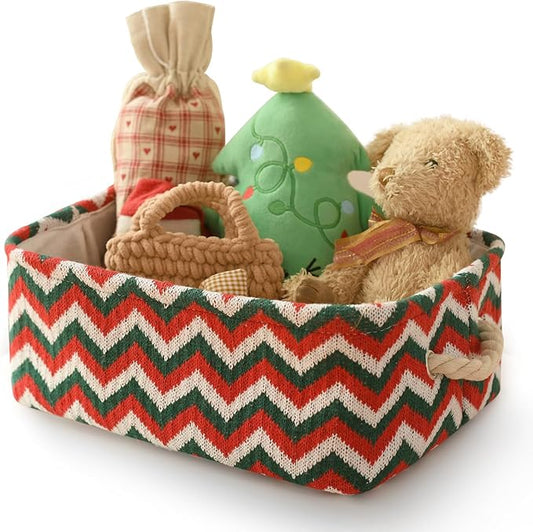 INough Christmas Ornament Storage Box Holiday Decoration Organizer, Knitted with Bulky Yarn Christmas Basket for Kids Collapsible Gifts Baskets Empty with Handles Ornament Storage Box