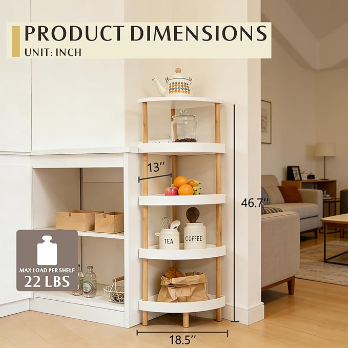 Bamboo 5-Tier Corner Shelf Stand with 5-Layer Lacquer & 4 Sturdy Legs, Space-Saving Durable Corner Rack Organizer for Bathroom, Kitchen, Bedroom, Living Room, Easy Clean Display Shelf Organizer