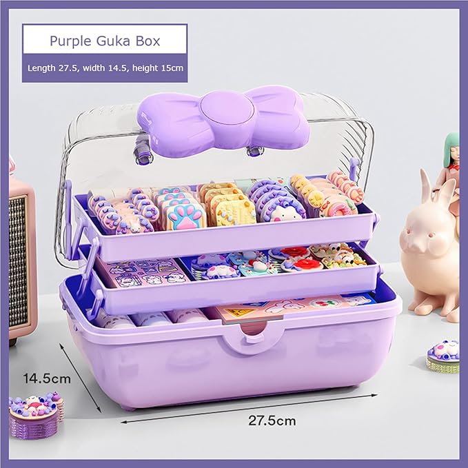 Cute Girls Hair Accessories Storage Box Bow Switch Organizer Box Jewelry Box | Kids Hair Accessories Organizer | 3 Layers Foldable Storage Box with Handle Plastic Makeup Jewelry Holder (Purple)
