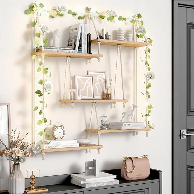 5 Tier Hanging Wall Shelves, Boho Rope Hanging Plant Stand with LED Vine Lights, Rustic Wood Floating Shelves Organizer for Bedroom Kitchen Living Room Wall Decor (Five-Tier Rope Rack)