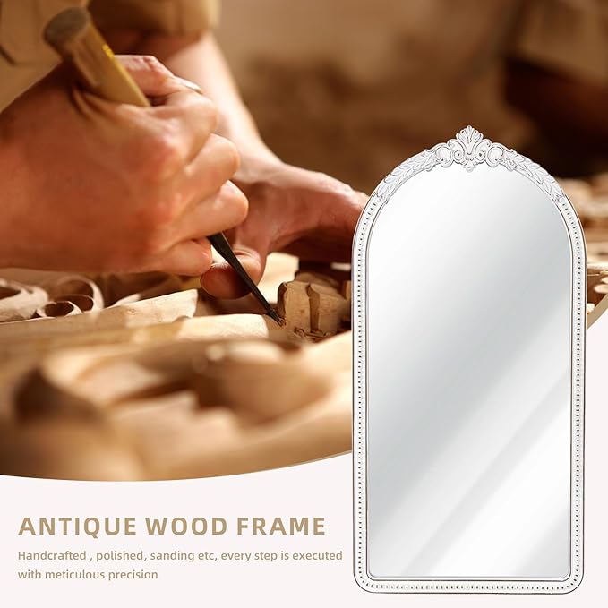 Farmhouse Full Length Mirror - 47x24 Inches Antique White Baroque Wooden Arched Wall Mirror, Vintage Ornate Beaded Decorative Mirror for Mantel, Living Room, Bedroom