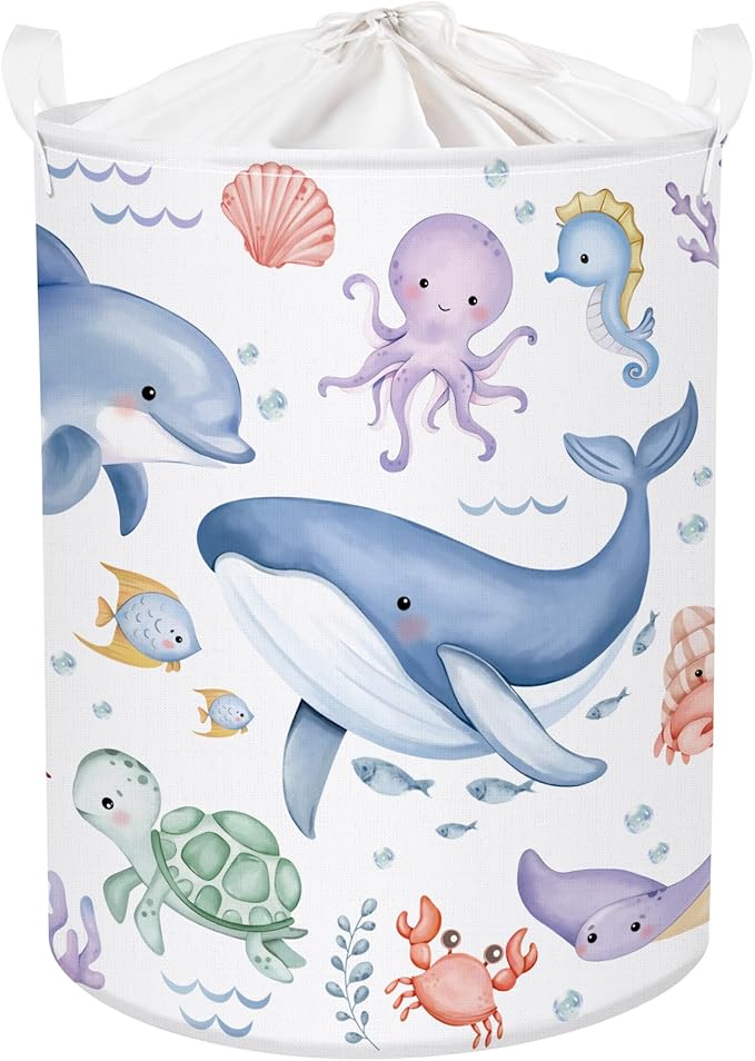 Sea Animals Laundry Hamper Ocean Fish Coral Large Storage Basket Parents Organizer Kids Clothes Toy Bins for Bedroom, Bathroom, Blue Whales, 63L