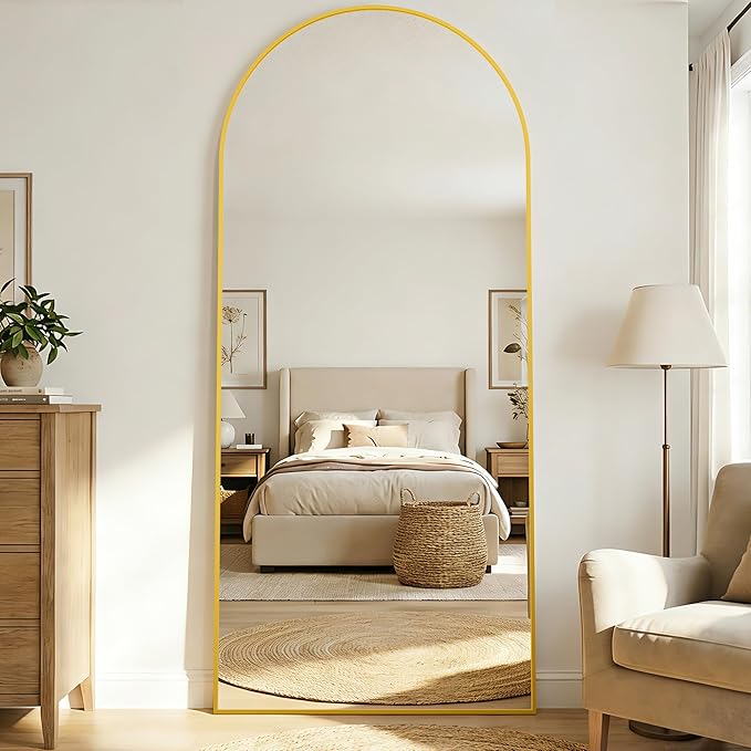 76"x34" Arched Full Length Mirror with Stand, Free Standing Leaning Wall Mounted Aluminum Alloy Frame Mirror for Bedroom Living Room Cloakroom, Gold