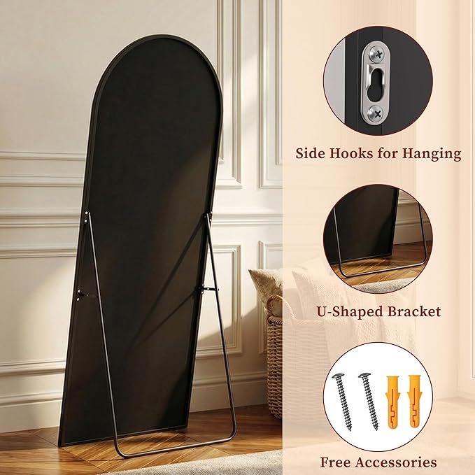 Suidia 76"x44" Arched Full Length Mirror with Stand, Full Body Mirror with Aluminum Frame, Freestanding/Leaning/Wall-Mounted, Floor Mirrors for Bedroom, Living Room, Entryway, Dressing Room, Black
