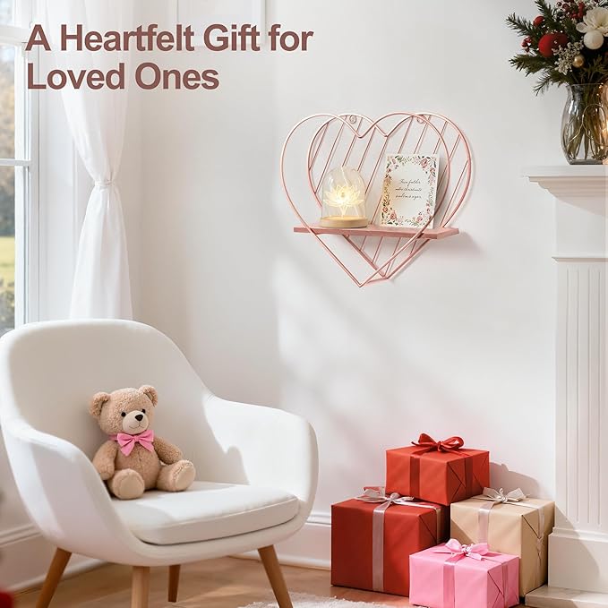 Afuly Floating Shelves for Wall, Cute Heart Wall Shelf Pink Funky Organizer Small Hanging Trinket Storage Aesthetic Room Decor for Bedroom Bathroom Hallway Entryway Vanity, Rose Gold