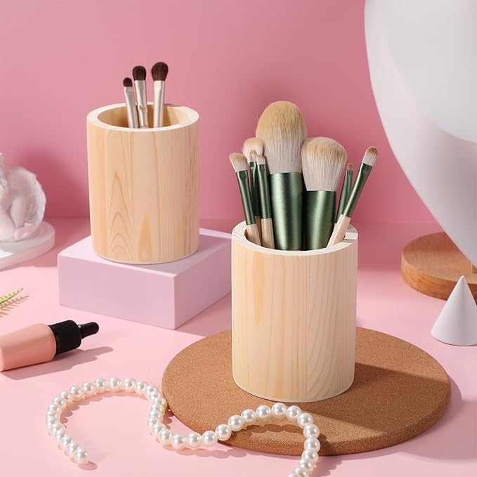 COHEALI 2 Pack Unfinished Wooden Round Pencil Holders Solid Color Diy Pen Organizer Containers for Office Desk Makeup Brush Storage 3.93X3.14 Inch Home Classroom Use