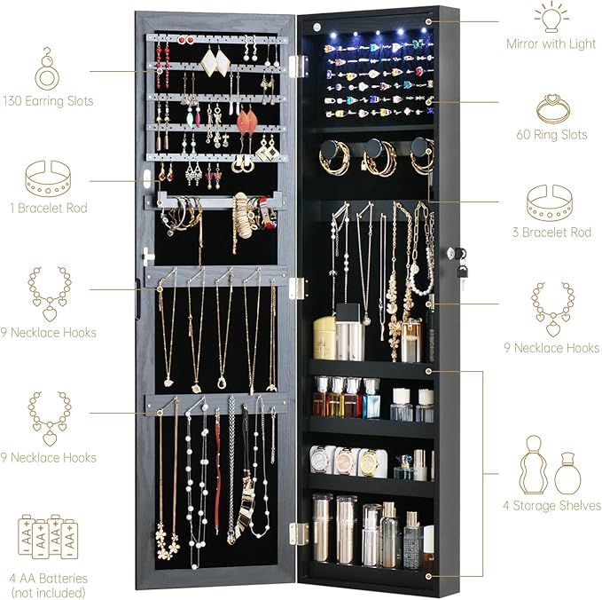 Full Length Mirror Jewelry Cabinet Organizer Lockable Door Wall-Mounted Jewelry Armoire with Shelves and Behind the Door Storage Black
