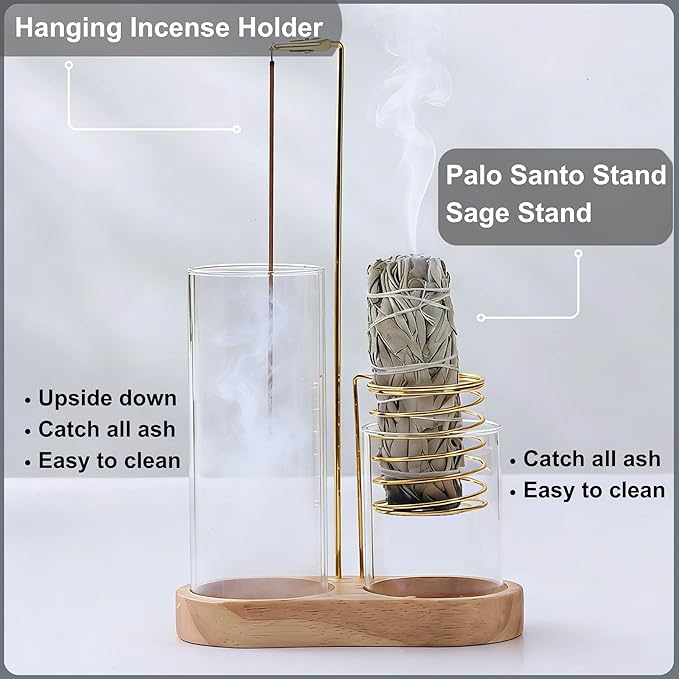 3 in 1 Incense Holder for Burning Insence-Stick & Palo Santo & Sage Sticks, Hanging Upside Down Incense Stick Burner with Glass Ash Catcher & Storage, Lasting Burning Palo Santo Sage Burner