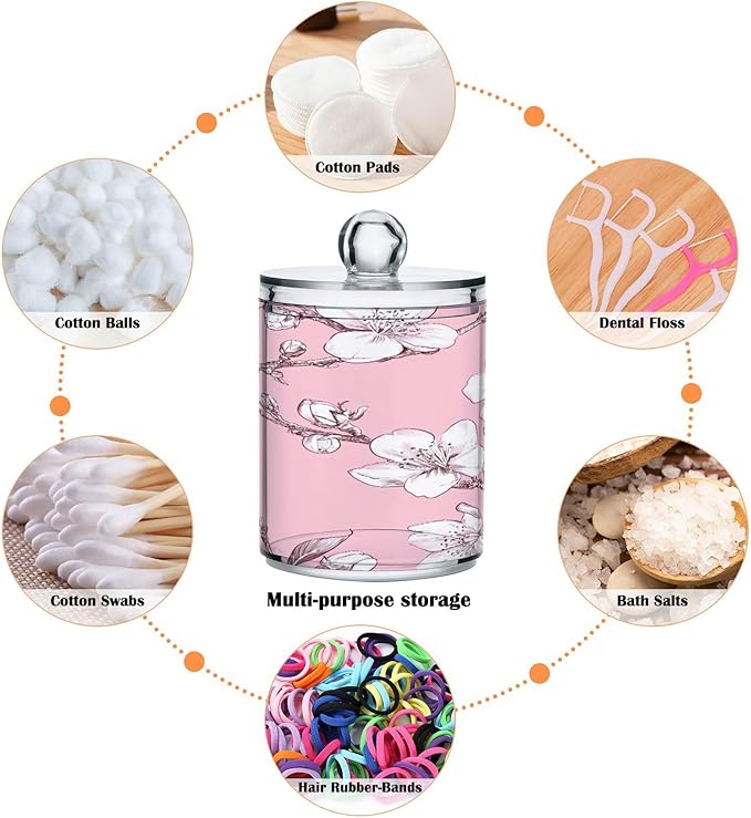 Nander 4Pack Beautiful Cherry Blossoms Qtip Holder Dispenser -Clear Plastic Apothecary Jars Set - Restroom Bathroom Makeup Organizers Containers for Cotton Swab, Ball, Pads, Floss