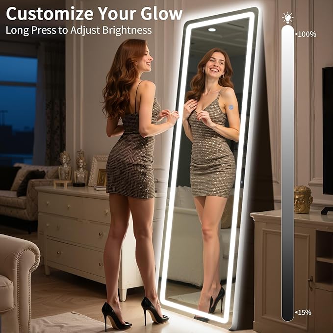 Standing Mirror Full Length with LED Lights, 65"x24" Lighted Mirror with Dimming & 3 Color Lighting, Tall Mirror Full Body for Bedroom, Dressing Room