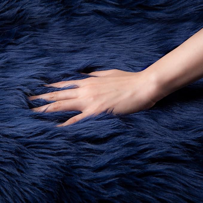 Ashler Faux Fur Rug, Fluffy Shaggy Area Rug, Ultra Soft 2.2 x 6 Feet Rectangle, Navy Blue Fuzzy Machine Washable Shag, Nursery Decor Throw for Bedroom, Kids Room, Living Room