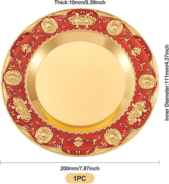 1pcs Golden Serving Tray for Party 4.8" Vintage Round Decorative Plate Tray Jewelry Makeup Organizer Dishes Bathroom Vanity Tray for Gift Wedding Coffee Table Dessert Christmas 20 cm (Red)
