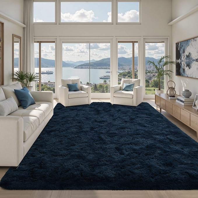 9x12 Area Rugs for Living Room Fluffy Blue,Plush Soft Navy Blue Shag Carpet for Living Room Boys Book Room Nursery Kids Playroom Dorm Decor