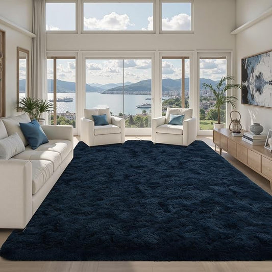 9x12 Area Rugs for Living Room Fluffy Blue,Plush Soft Navy Blue Shag Carpet for Living Room Boys Book Room Nursery Kids Playroom Dorm Decor