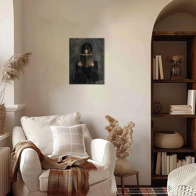 Dark Academia Book Wall Art Vintage Gothic Victorian Woman Reading Wall Decor Poster Painting Picture Moody Girl Aesthetic Canvas Print for Bedroom Living Room Dorm Library Corner 12x16Inch Framed