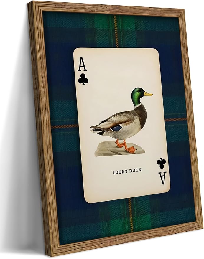 Framed Vintage Mallard Duck Wall Art, Country Lucky Duck Wildlife Poker Wall Decor Painting, Nature Rustic Farmhouse Hunting Canvas Prints Pictures for Living Room Bedroom 16x24 Inch