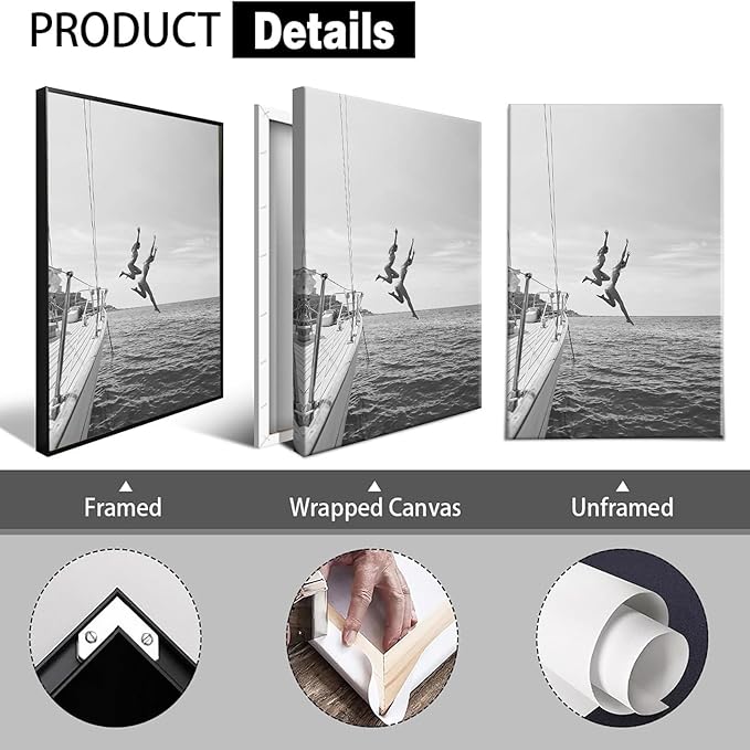 Retro Black And White 80s Trendy Wall Art Black And White Women Jumping Into Water Poster Summer Ocean Jump Sail Boat Yacht Wall Decor For Girl Room Beach Lovers Life 16x24in Unframed