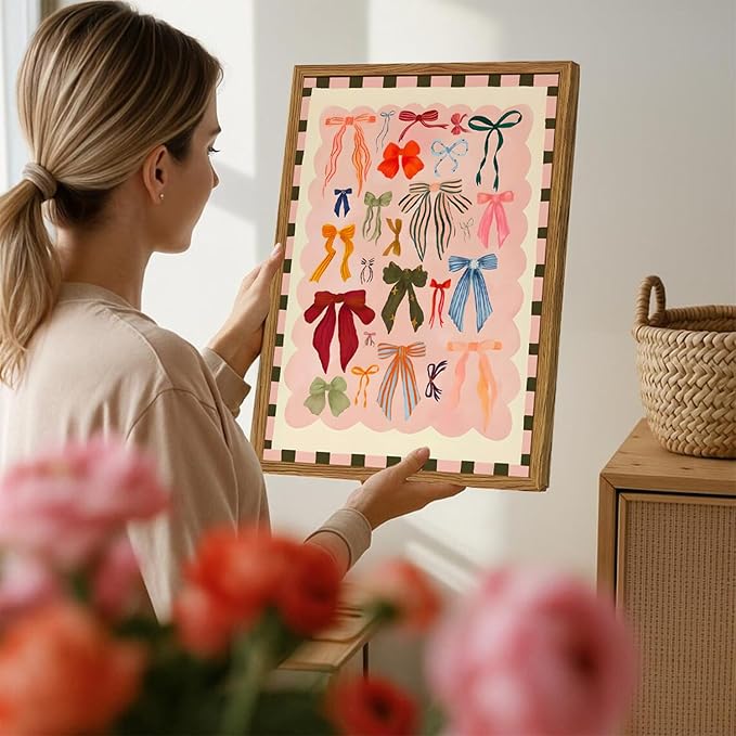 Framed Pink Wall Art, Coquette Colorful Bow Pictures Wall Decor, Trendy Preppy Paintings Canvas Prints Girly Home Decor Aesthetic for Girls Living Room Bedroom Dorm 16x24 inch