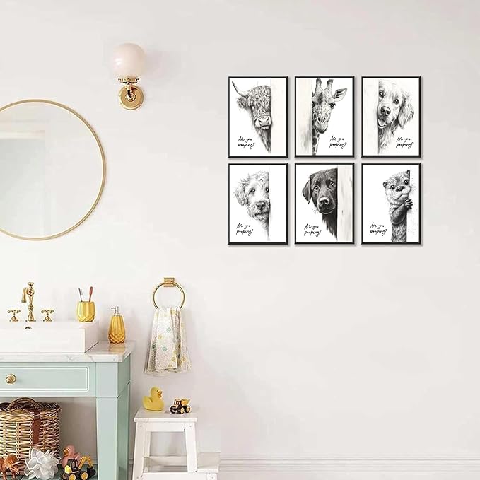 Funny Bathroom Wall Art Black and White Bathroom Posters Decor Rustic Donkey and Cow Pictures Wall Decor Funny Animal Peeking Canvas Art Prints for Toilet/Bedroom Unframed 8x10 inches x 6 pieces