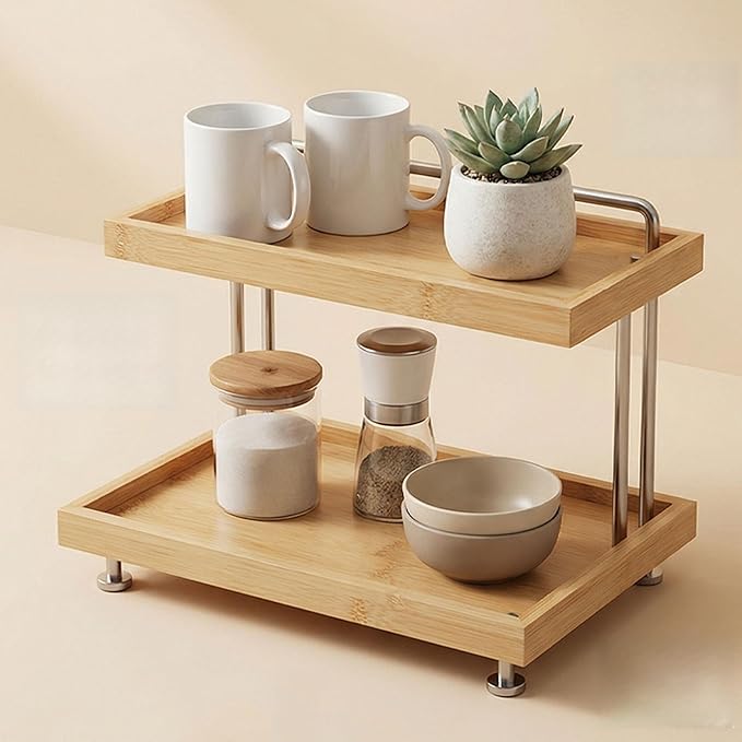 HYNAWIN Bamboo Two-Tier Storage Rack，Tabletop Storage Organizer for Kitchen, Bathroom, Office, and Home Use