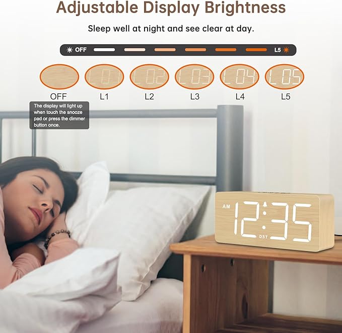 DreamSky Wooden Digital Alarm Clock for Bedroom - Desk Clocks for Living Room with Large Numbers, Dimmer, Loud Alarm for Heavy Sleepers with Volume Control, DST, Office Wood Decor (Plug in Clock)