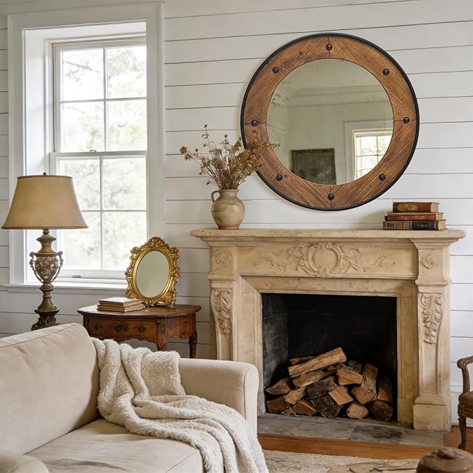 Rustic Round Wall Mirror 30 Inch, Natural Wood Frame with Black Metal Trim, Industrial Farmhouse Round Wood Mirror, Decorative Wall Mirror for Bathroom, Living Room, Entryway