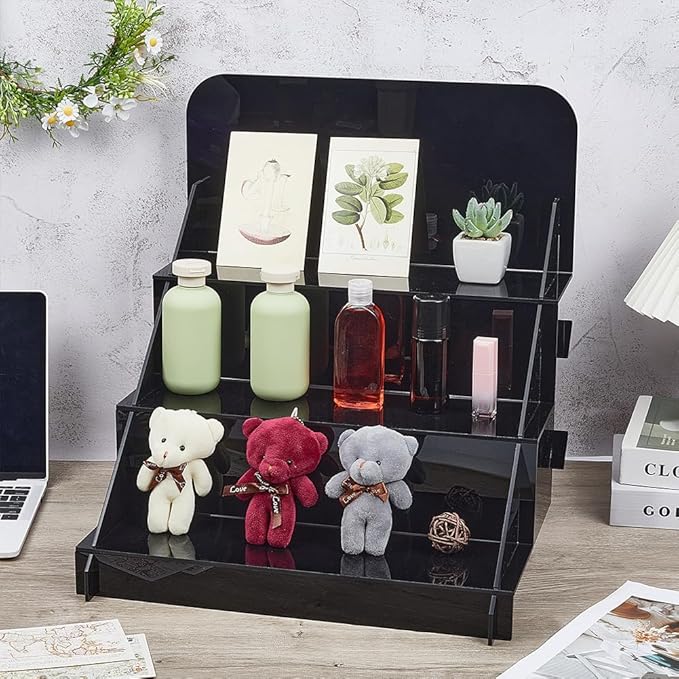 PH PandaHall 3 Tier Acrylic Display Stands, Black Display Shelf Riser Perfume Makeup Organizer Holder for Figures Craft Show Collectibles Cupcake Home Retail Exhibition Decor, 16x15x17 inch