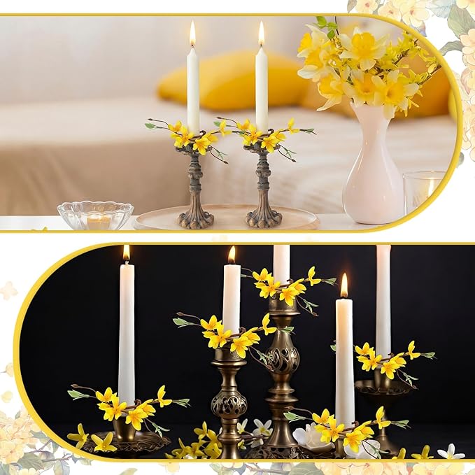 Daifunli 2 Pcs Spring Candle Rings Faux Forsythia Flower Candle Rings 1.25 Inch Artificial Silk Yellow Forsythia Flower Farmhouse Wreath Candles Holder for Spring Summer Rustic Table Centerpiece Decor