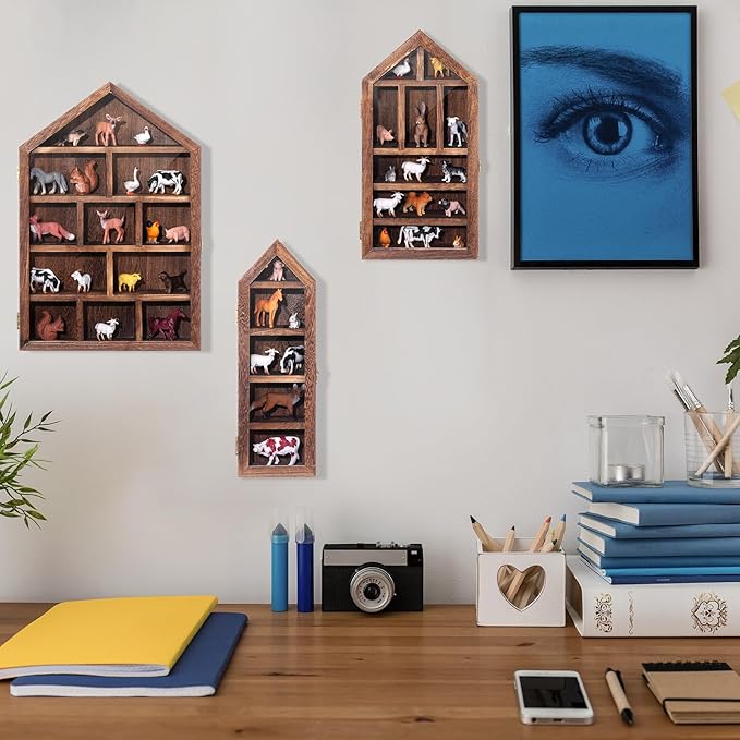 DoubleFill Set of 3 Wooden Trinket Display Shelf Shadow Box with Shelves 10 x 15 Inch Large Wall Mounted Display Storage Mini Figures Curio Trinket Medals Crafts Collections(Brown,House Shape)