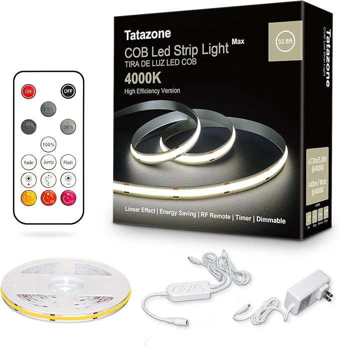 Tatazone 32.8ft 4000K White COB Led Strip Lights with Remote, Dimmable Bright Neutral White COB Light Strip, Indoor COB Led Lights for Kitchen, Room, Cabinet
