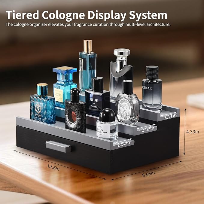 Perfume Organizer for Men, 3 Tier Wood Perfume Display Stand with Velvet Lining Drawer and Hidden Compartment for Watch,Jewelry,Perfume Display Risers,A Gift for Men (Black+Gray)