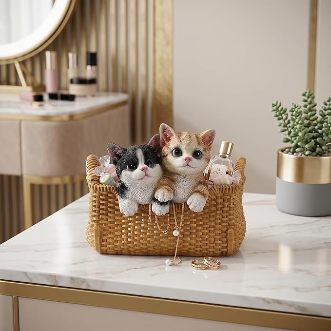 Cute Cat Statue Valet Tray - Decorative Kitten Catchall Basket Organizer - Entryway Key Holder Bowl & Aesthetic Animal Room Accents