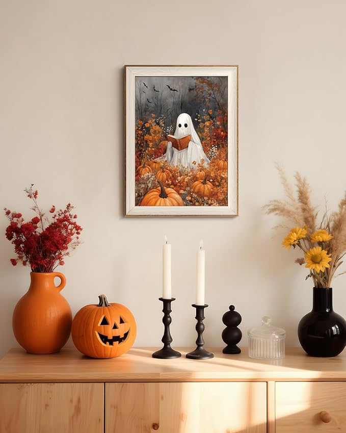 VIYYIEA Framed Wall Art for Living Room, Reading Ghost Canvas Prints, Autumn Home Decor, Halloween Painting Picture, Bathroom Wall Decor Gifts for Friends or Family -【Reading Ghost】-(16L x 12W)