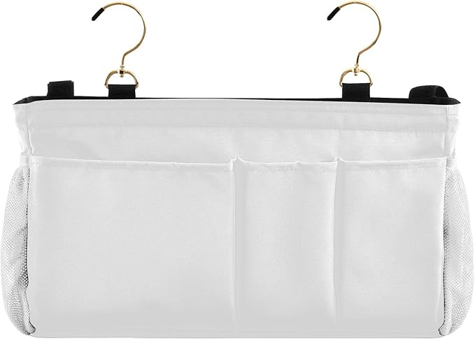 White Bedside Caddy Storage Bag Bedside Organizer for Bunk Bed Headboards College Hanging Storage Organizer 6 Pockets with Hooks for Drinks Magazine Phone Holder