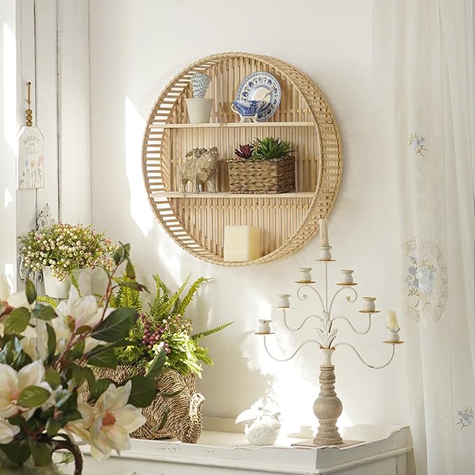 Rattan Wall Shelf 3 Tier Boho Wall Mounted Shelf Farmhouse Handcraft Round Floating Shelf Display Rack Storage Circular Hanging Shelf for Livingroom Home Decor