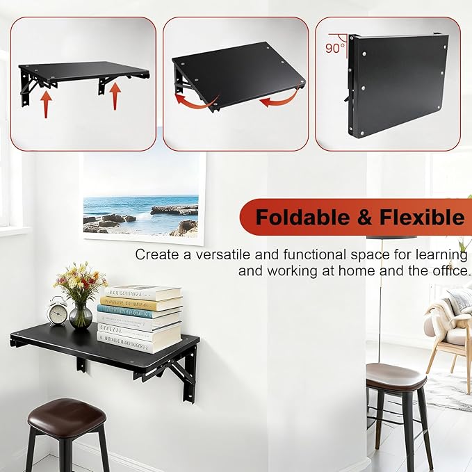 Wooden Folding Shelf Wall Mounted for Small Space, Wall Table for Living Room Bedroom Decor, Home Office Floating Fold Down Desk, Media Shelves with Heavy-Duty Brackets Holds Up to 55lbs Black