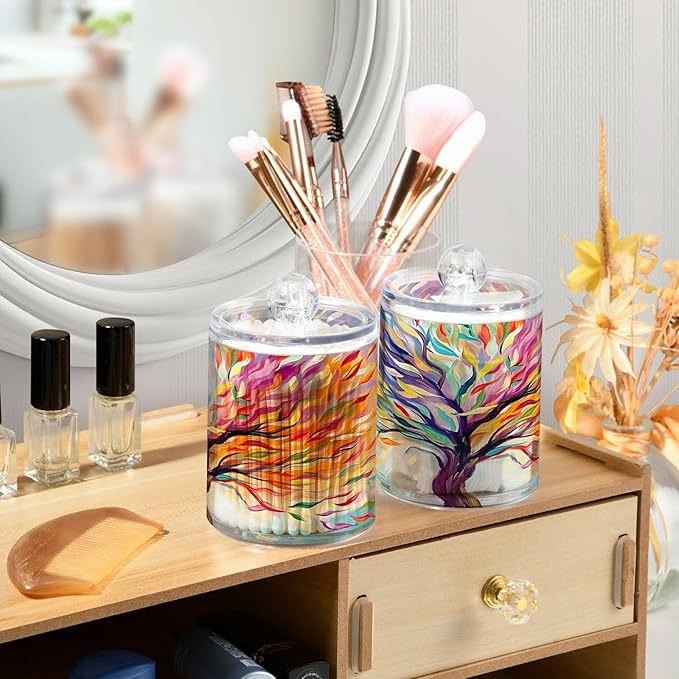 4 Pack Qtip Holder Dispenser Rainbow Life Of Tree Plant Cotton Ball Swab Round Pads Floss Clear Bathroom Storage Containers Plastic Apothecary Jars with Lids