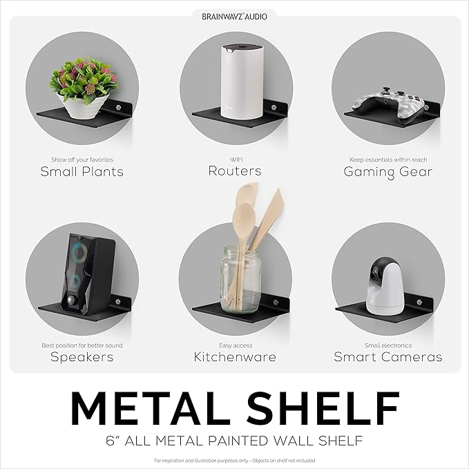 2-Pack 6" Floating Metal Wall Shelf for Books, Organizer, Speakers, Plants, Cameras, Books, Decor Display, Storage, Routers & More Wide Universal Holder Shelf by Brainwavz (Black)